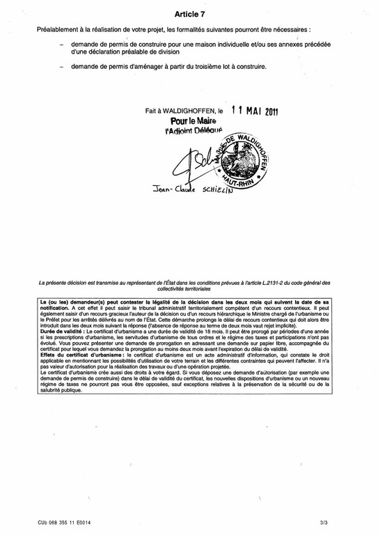 Certificat d'urbanisme opérationnel n°11E0014 - Me Catherine BAEUMLIN ...